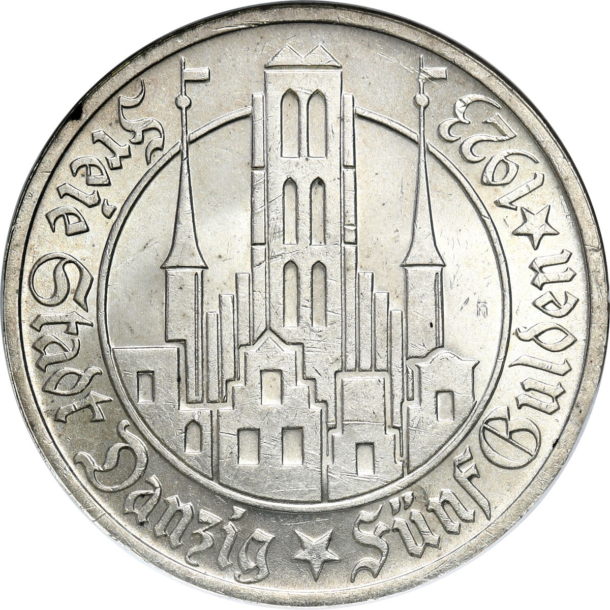 Wolne Miasto Gdańsk. 5 Guldenów 1923 Kościół NGC MS63 - PIĘKNE